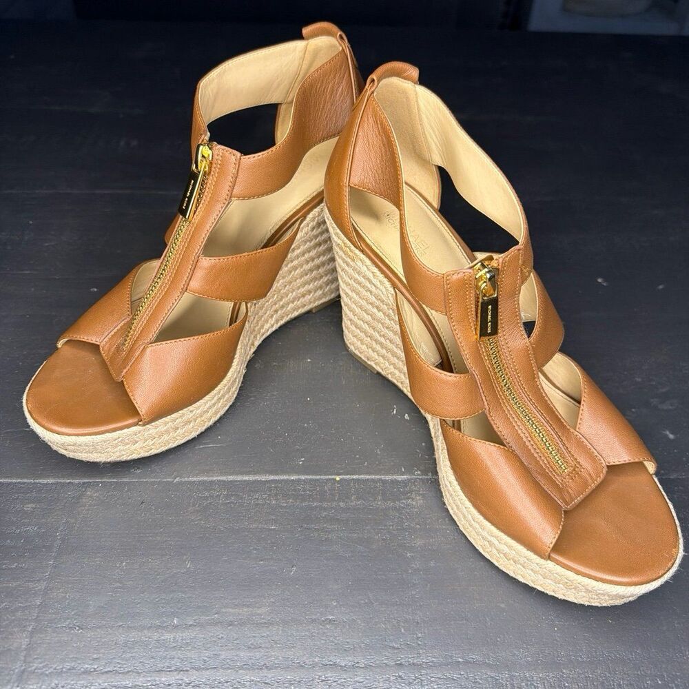 Michael Kors Women's Brown Leather Wedge Espadrille Sandals